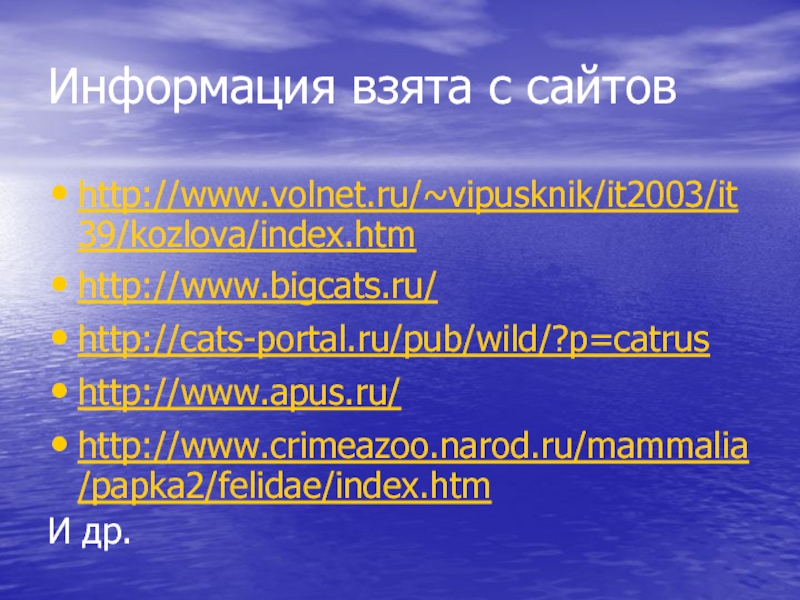 Информация взята с сайтовhttp://www.volnet.ru/~vipusknik/it2003/it39/kozlova/index.htmhttp://www.bigcats.ru/http://cats-portal.ru/pub/wild/?p=catrushttp://www.apus.ru/http://www.crimeazoo.narod.ru/mammalia/papka2/felidae/index.htmИ др.