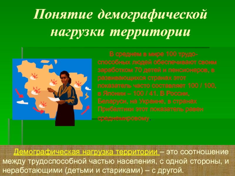 Понятие демографии. Демография термины. Демографическая нагрузка – это соотношение. Нагрузка на территорию.