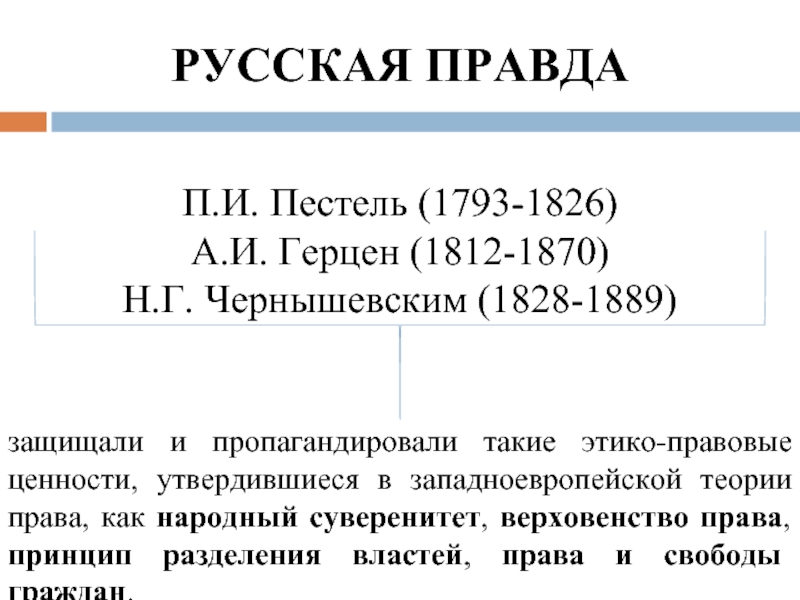 РУССКАЯ ПРАВДАП.И. Пестель (1793-1826) А.И. Герцен (1812-1870)Н.Г. Чернышевским (1828-1889)защищали и пропагандировали такие этико-правовые ценности, утвердившиеся в западноевропейской