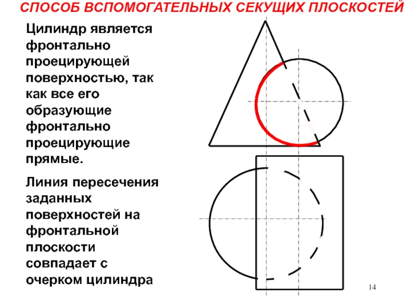 Одна из пересекающихся поверхностей является горизонтально проецирующей на чертеже