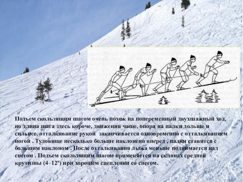 Подъем скользящим шагом на лыжах. Подъём попеременным двухшажным ходом на лыжах. Техника подъема в гору скользящим шагом. Преодоления подъема попеременным двухшажным ходом на лыжах.