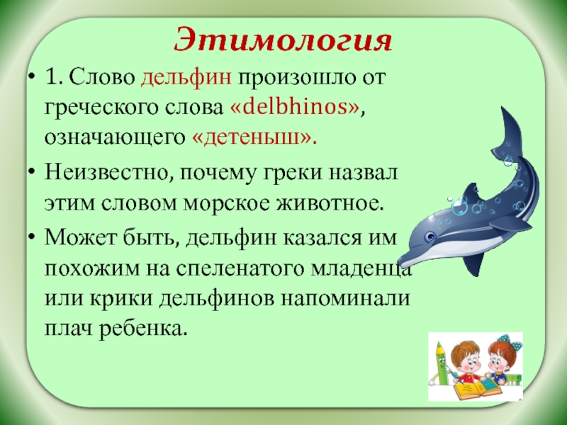 Этимология 1. Слово дельфин произошло от греческого слова «delbhinos», означающего «детеныш».Неизвестно, почему греки назвал этим словом морское