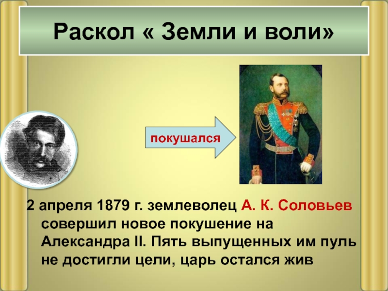 Раскол земли и воли. 2 Апреля 1879. 2 Апреля 1879 г. совершено покушение на Александра II.. Покушение а.к. соловьёва на Александра II. 2 Апреля 1879 года Александром Соловьевым.