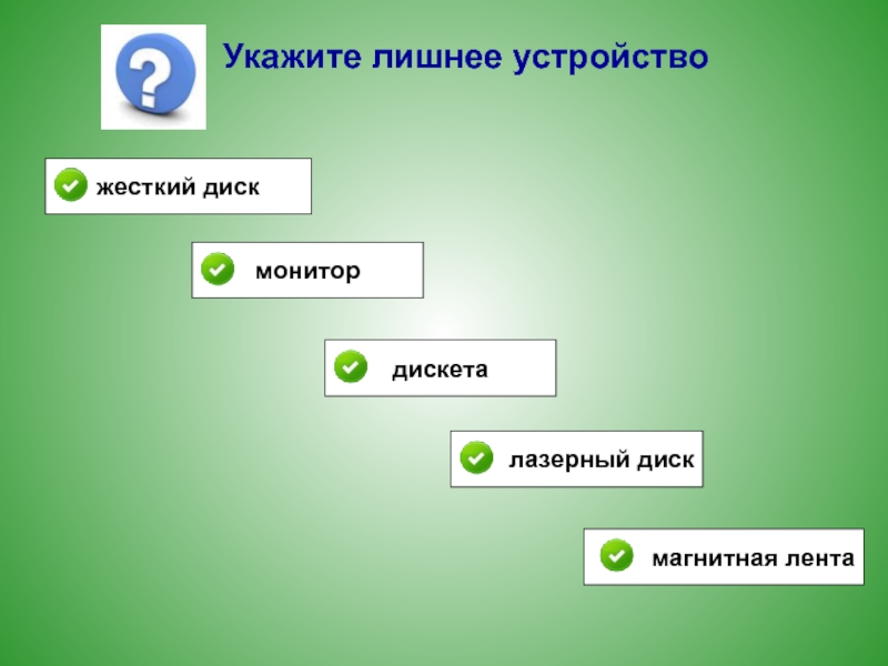 укажите лишнее устройство жесткий дискмонитордискеталазерный дискмагнитная лента