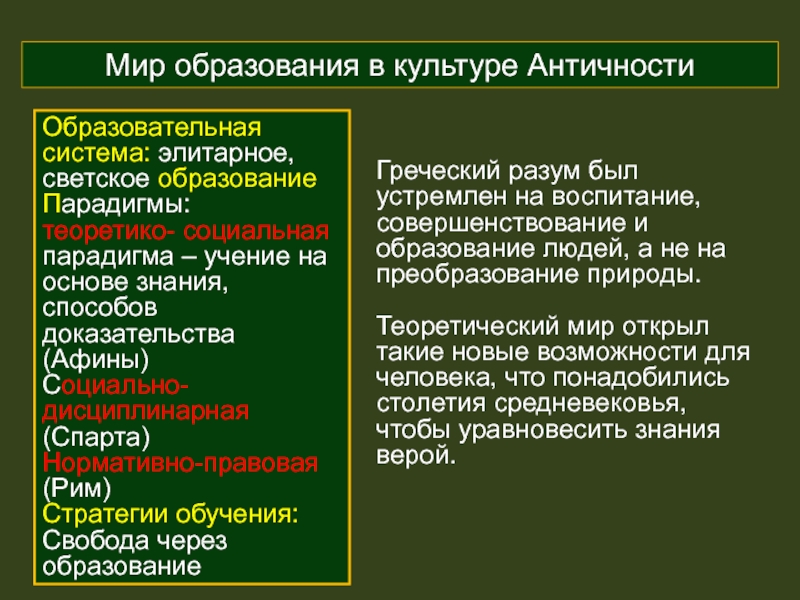 Мир педагогики. Образовательные системы античности. Парадигма античности. Система образования в античной культуре. Форма организации обучения в античности.