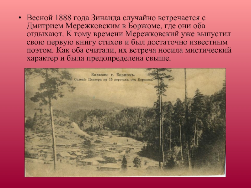 Весной 1888 года Зинаида случайно встречается с Дмитрием Мережковским в Боржоме, где они оба отдыхают. К тому