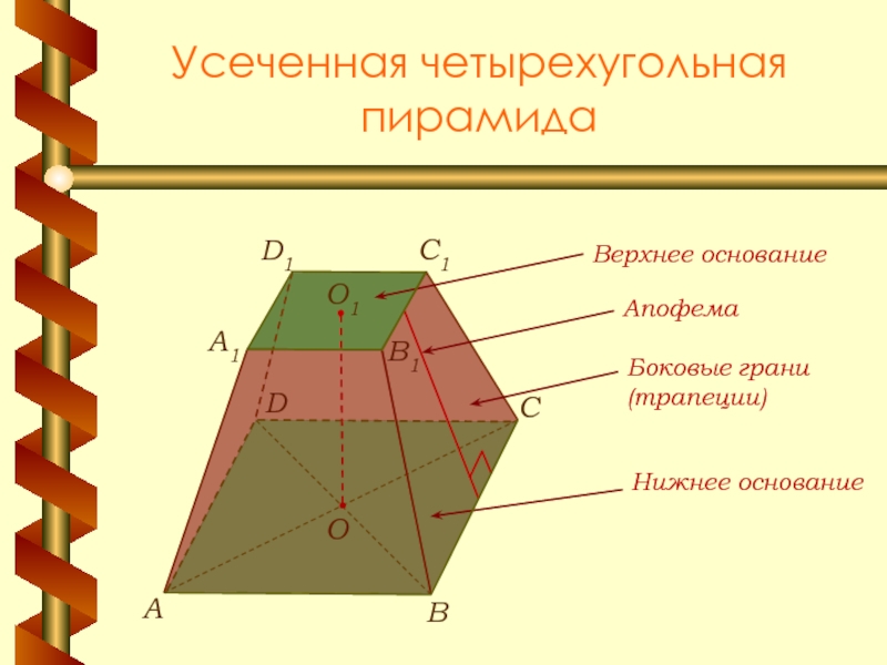 Усеченная четырехугольная пирамидаВАСО1A1C1D1B1DОАпофема Верхнее основание Нижнее основаниеБоковые грани(трапеции) 