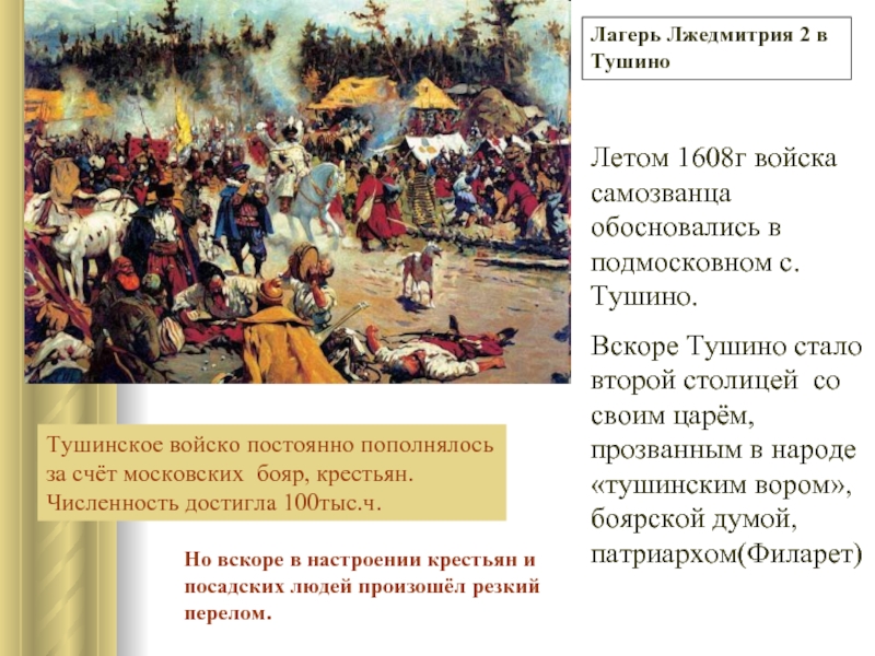 Лагерь Лжедмитрия 2 в ТушиноЛетом 1608г войска самозванца обосновались в подмосковном с.Тушино.Вскоре Тушино стало второй столицей со