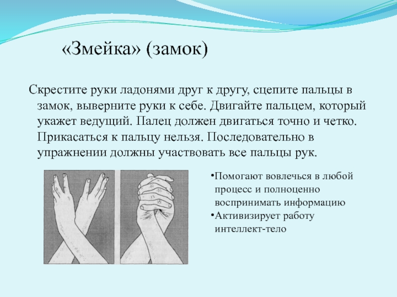 Взять руки в замок. Скрестив пальцы в замок. Кинезиологическое упражнение змейка. Упражнение змейка пальцами.