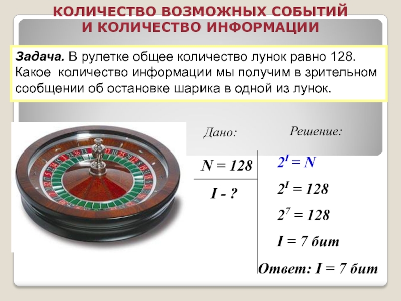 Количество возможных сообщений. Количество возможных событий и количество информации. Содержательный подход к измерению информации задачи. В рулетке общее количество лунок равно 32. Количество содержательной информации задачи.