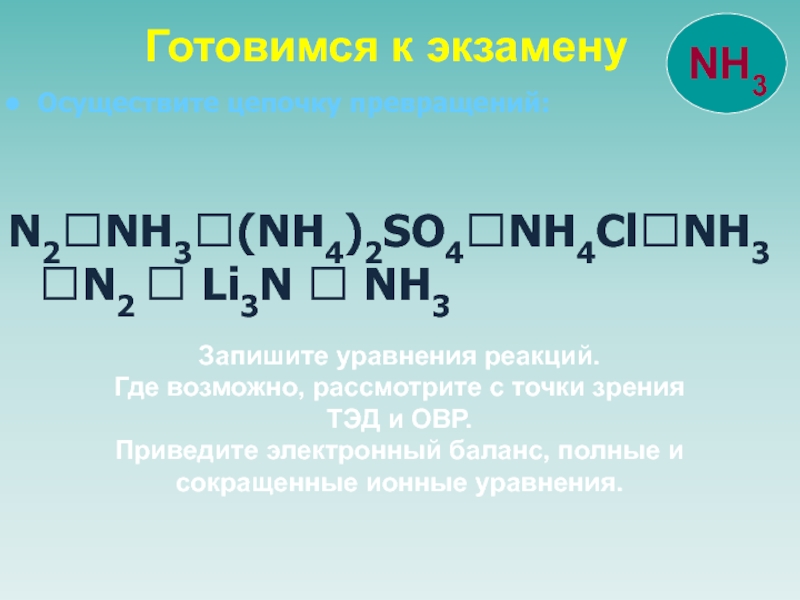 Коэффициент перед формулой вещества nh3 в схеме превращения n2 h2 nh3