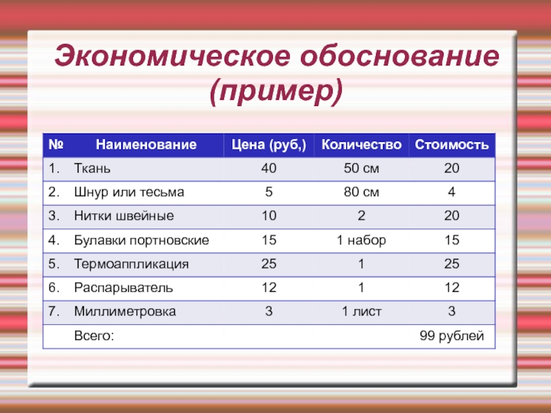 Экономическое обоснование образец