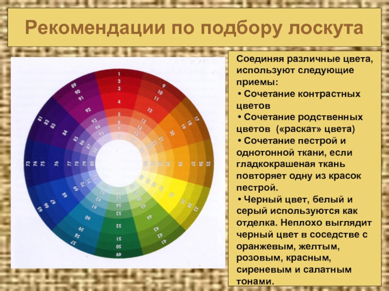 Рекомендации по подбору лоскута Соединяя различные цвета, используют следующие приемы: Сочетание контрастных цветов Сочетание родственных цветов («раскат»