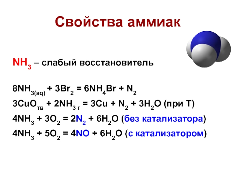 8NH3(aq) + 3Br2 = 6NH4Br + N2 3CuOтв + 2NH3 г = 3Cu + N2 + 3H2O (при T) 4NH...