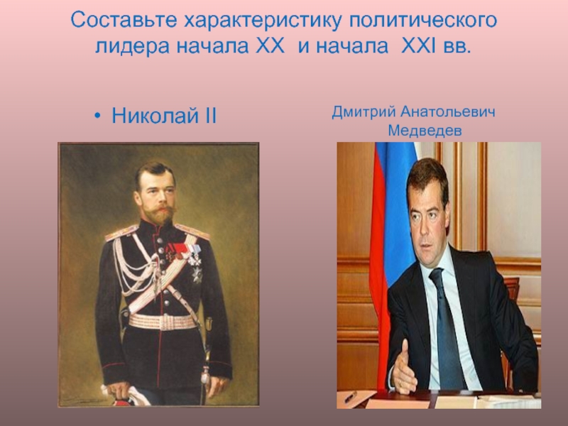Составьте характеристику политического лидера начала XX и начала XXI вв. Николай IIДмитрий Анатольевич Медведев