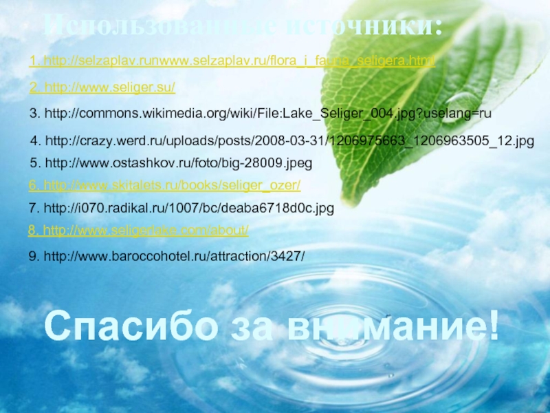 1. http://selzaplav.runwww.selzaplav.ru/flora_i_fauna_seligera.html2. http://www.seliger.su/8. http://www.seligerlake.com/about/6. http://www.skitalets.ru/books/seliger_ozer/4. http://crazy.werd.ru/uploads/posts/2008-03-31/1206975663_1206963505_12.jpg5. http://www.ostashkov.ru/foto/big-28009.jpeg7. http://i070.radikal.ru/1007/bc/deaba6718d0c.jpg3. http://commons.wikimedia.org/wiki/File:Lake_Seliger_004.jpg?uselang=ruИспользованные источники:9. http://www.baroccohotel.ru/attraction/3427/Спасибо за внимание!