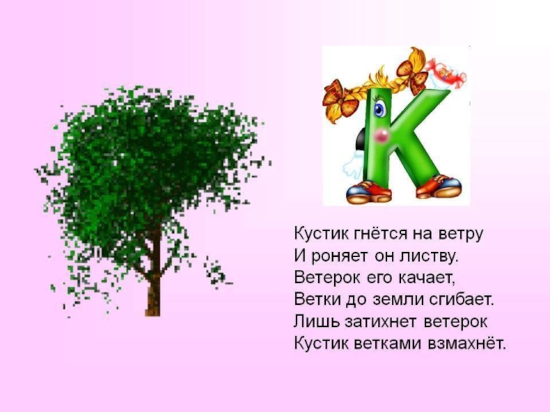 Презентация буква к класс. Стихотворение о кустиках. Я кустик. Стишок про кустики. Кустик на ветру.