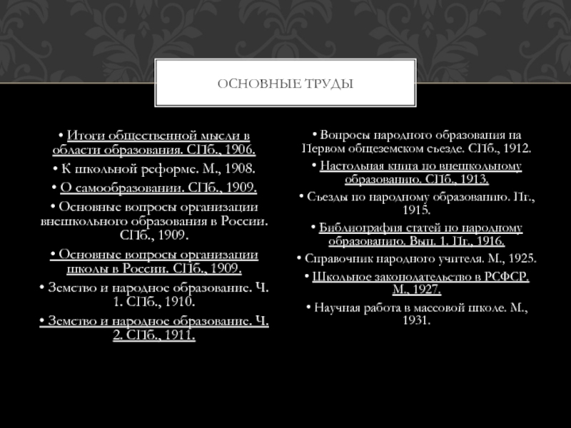 ЧАРНОЛУСКИЙ Владимир Иванович • Итоги общественной мысли в области образования. СПб., 1906.• К школьной реформе. М., • Итоги общественной мысли в области образования. СПб., 1906.• К школьной реформе. М., 1908.• О самообразовании. СПб., 1909.• Основные вопросы организации