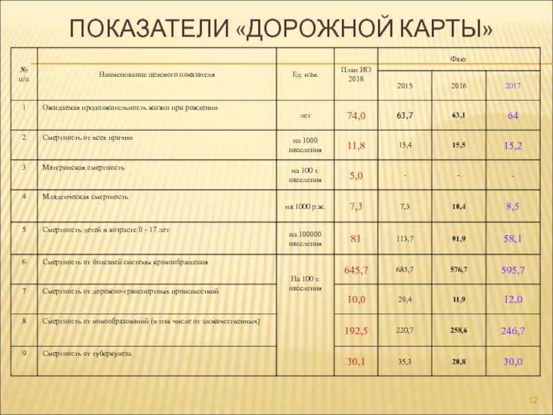 Показатели дорожной карты