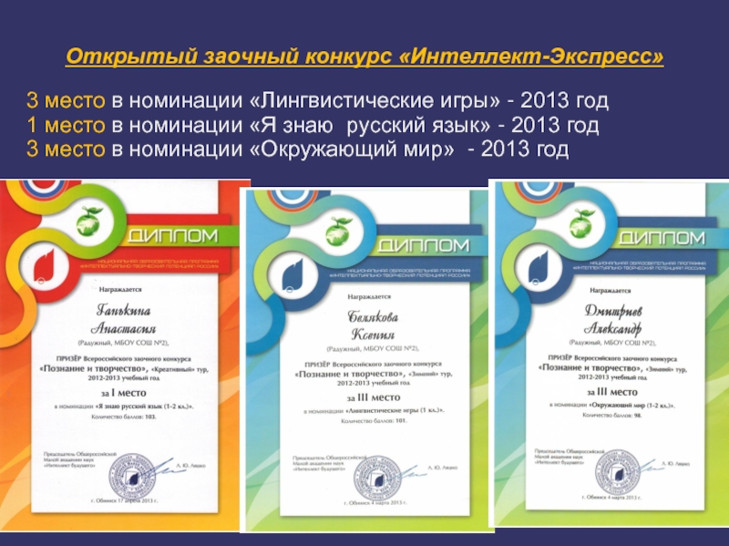 Открытый заочный конкурс «Интеллект-Экспресс» 3 место в номинации «Лингвистические игры» - 2013 год1 место в номинации