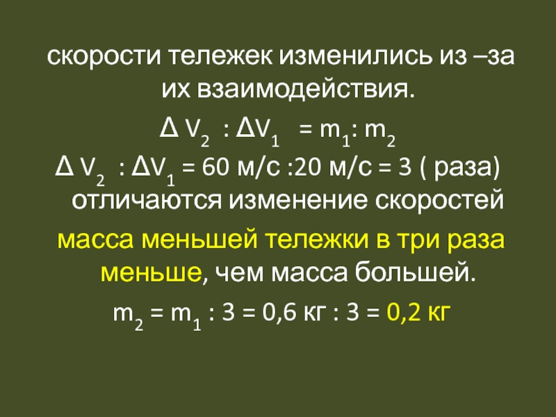 скорости тележек изменились из –за их взаимодействия.Δ V2 : ΔV1  = m1: m2 Δ V2