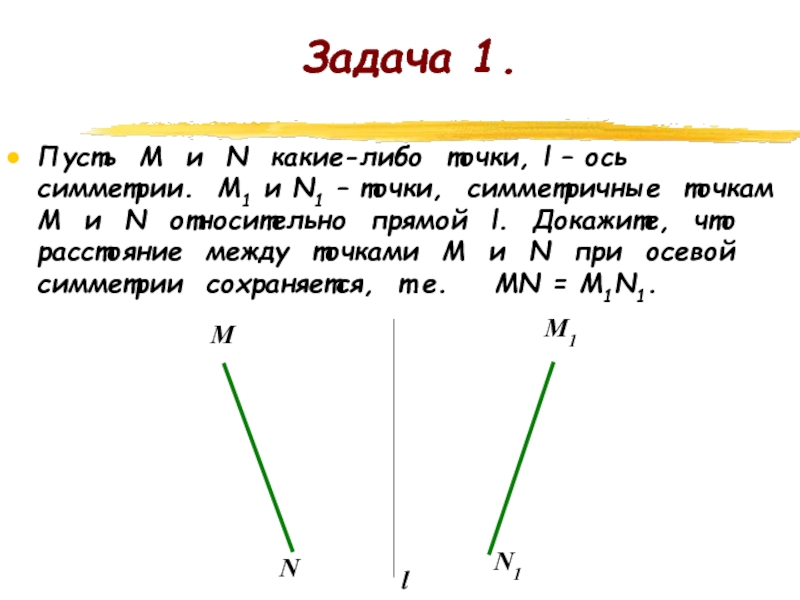 Задача 1.Пусть М и N какие-либо точки, l – ось симметрии. М1 и N1 – точки, симметричные