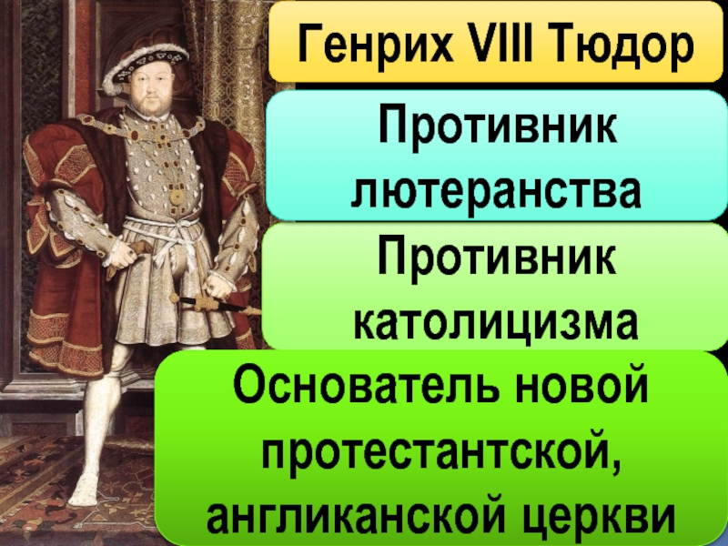 Генрих VIII ТюдорПротивник католицизмаОснователь новой протестантской, англиканской церкви1491-1547Противник лютеранства