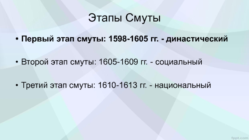 Этапы смуты. Первый этап смуты (1598-1605). Династический этап смуты 1598-1605. Социальная и национальный этап смуты.