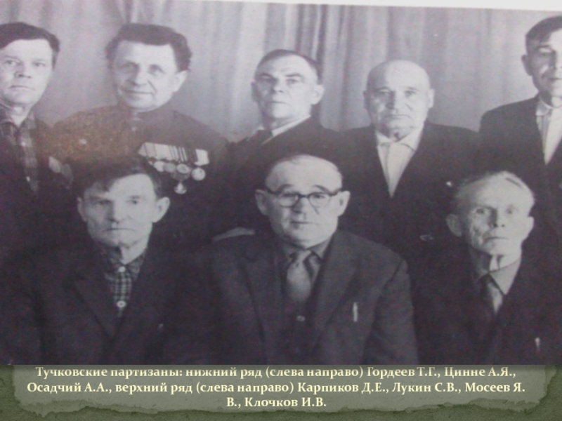 ТУЧКОВО В ГОДЫ ВЕЛИКОЙ ОТЕЧЕСТВЕННОЙ ВОЙНЫ Тучковские партизаны: нижний ряд (слева направо) Гордеев Т.Г., Цинне А.Я., Осадчий Тучковские партизаны: нижний ряд (слева направо) Гордеев Т.Г., Цинне А.Я., Осадчий А.А., верхний ряд (слева направо) Карпиков