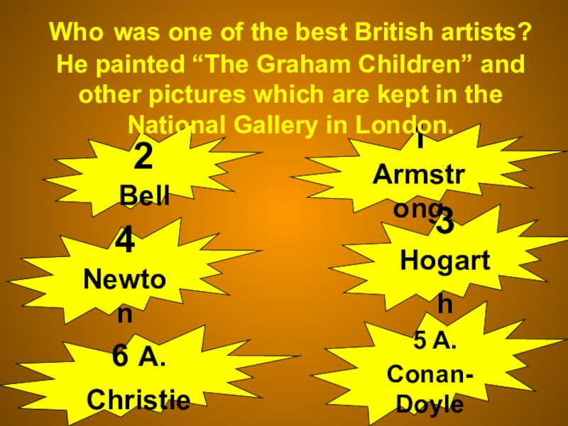 Презентация 1 Armstrong
2 Bell
4 Newton
5 A. Conan-Doyle
3 Hogarth
Who was one of the best