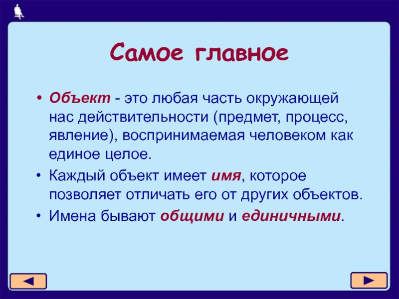 Объект имеющий. Каждый объект имеет. Имя объекта. Имя, которое даёт человек объекту, чтобы отличать его от других. Любая часть окружающей действительности.