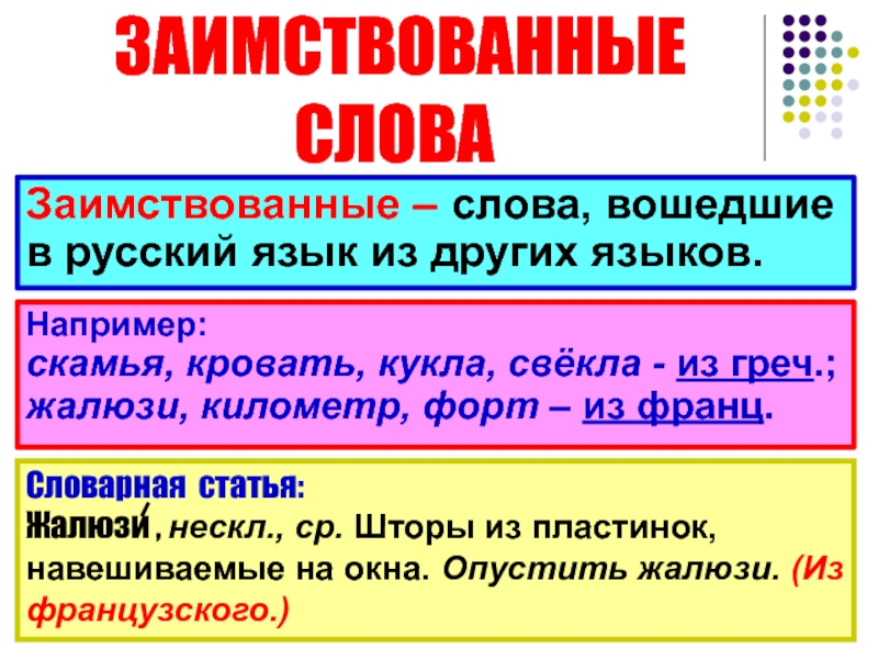 ЗАИМСТВОВАННЫЕ  СЛОВАЗаимствованные – слова, вошедшие в русский язык из других языков. Например: