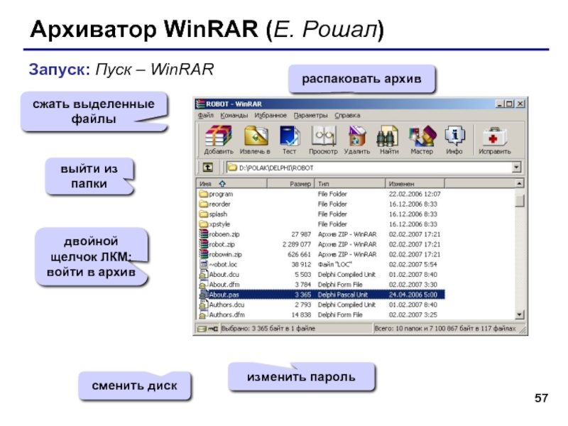 Архиватор WinRAR (Е. Рошал)Запуск: Пуск – WinRARсжать выделенные файлыраспаковать архивизменить парольсменить дискдвойной щелчок ЛКМ: войти в архиввыйти