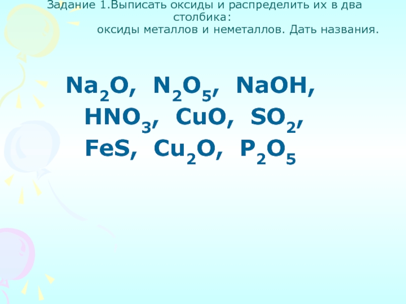  Задание 1.Выписать оксиды и распределить их в два столбика:                   оксиды металлов и неметаллов. Дать названия. Na2O,