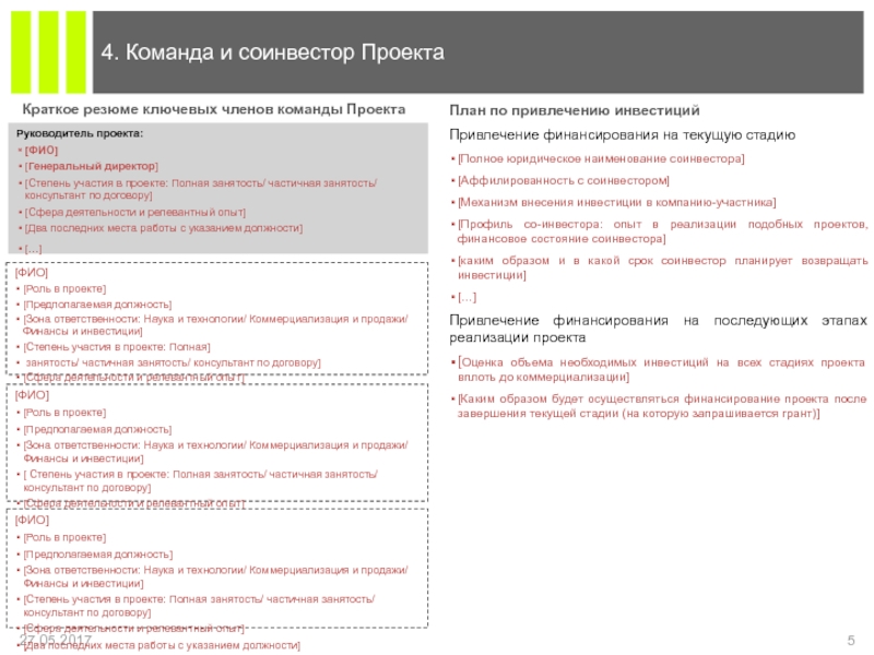 Степень участия в проекте