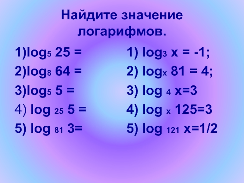 Найдите значение логарифмов.1)log5 25 = 2)log8 64 =3)log5 5 =4) log 25 5 = 5) log 81