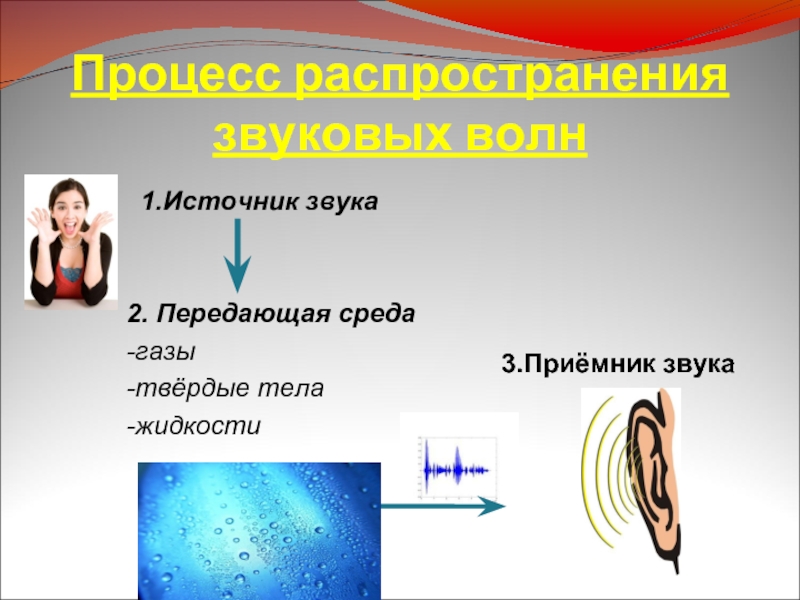 Процесс распространения звуковых волн1.Источник звука3.Приёмник звука2. Передающая среда -газы-твёрдые тела-жидкости