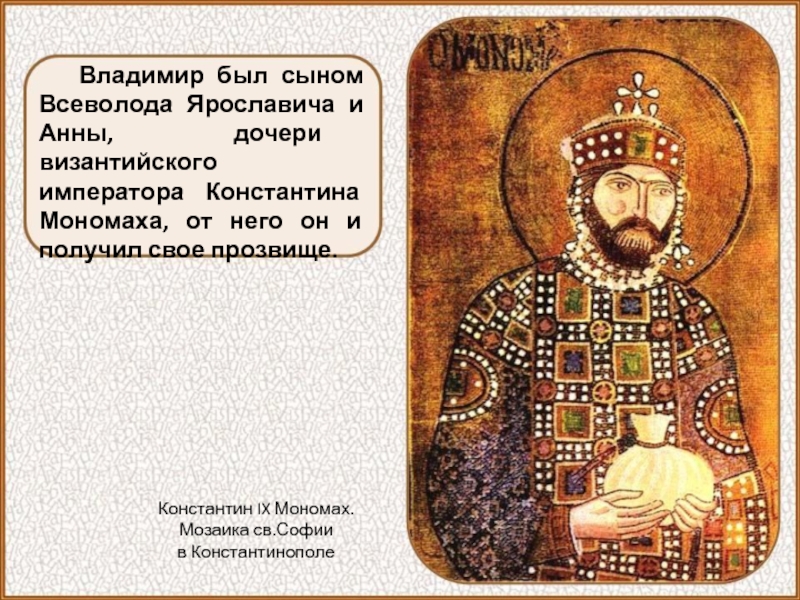 Владимир был сыном Всеволода Ярославича и Анны, дочери византийского императора Константина Мономаха, от него он и получил