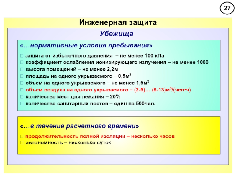 Нормативные условия. Условия пребывания в убежищах. Защита от избыточного давления в убежище равна. Убежища 1 класса выдерживают избыточное давление.