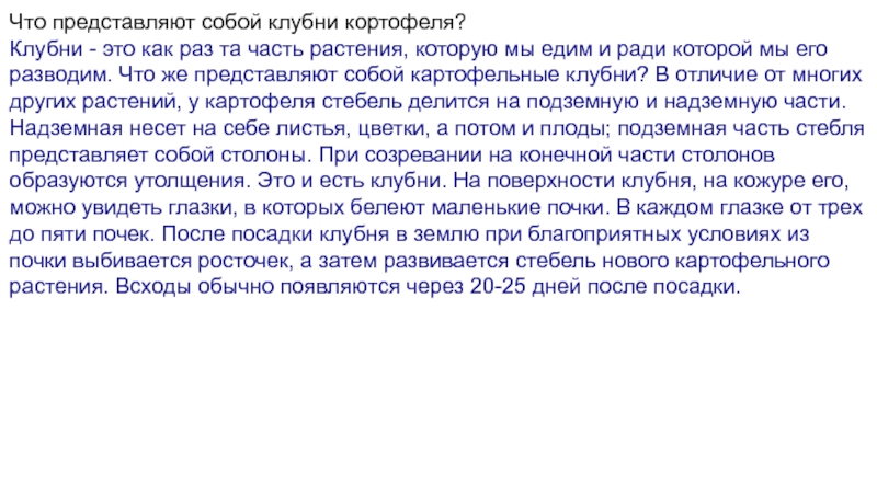 Биологический кейс,,картофель “ Что представляют собой клубни кортофеля?Клубни - это как раз та часть Что представляют собой клубни кортофеля?Клубни - это как раз та часть растения, которую мы едим и ради
