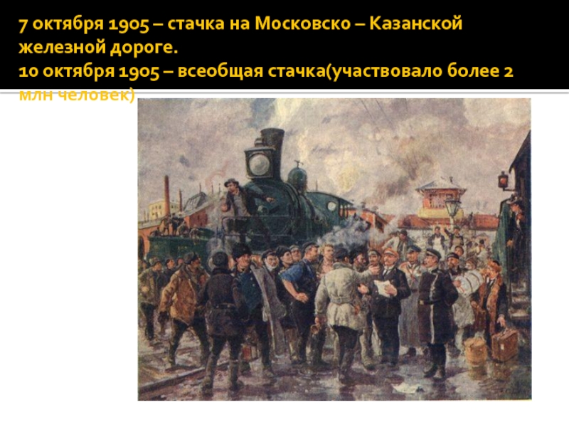 7 октября 1905 – стачка на Московско – Казанской железной дороге. 10 октября 1905 – всеобщая стачка(участвовало