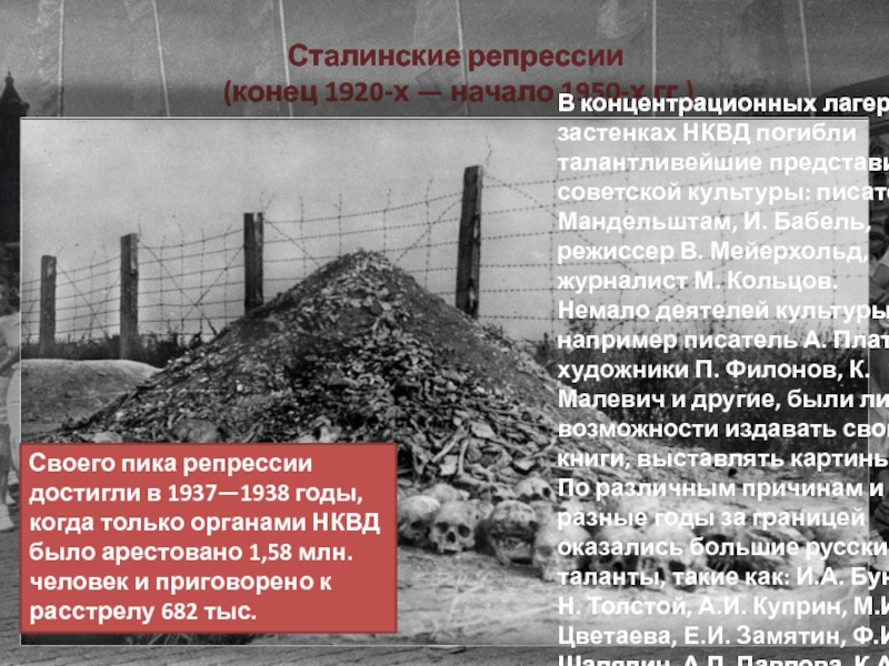 Сталинские репрессии  (конец 1920-х — начало 1950-х гг.) ГУЛАГ - главное управление исправительно-трудовых лагерей, трудовых поселений и мест