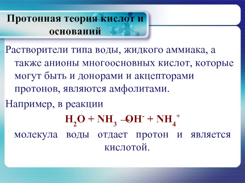 Уравнение диссоциации кислоты. Протонная теория кислот и оснований. Диссоциация аммиака. Диссоциация аммиака в водном растворе. Протонная теория основания.