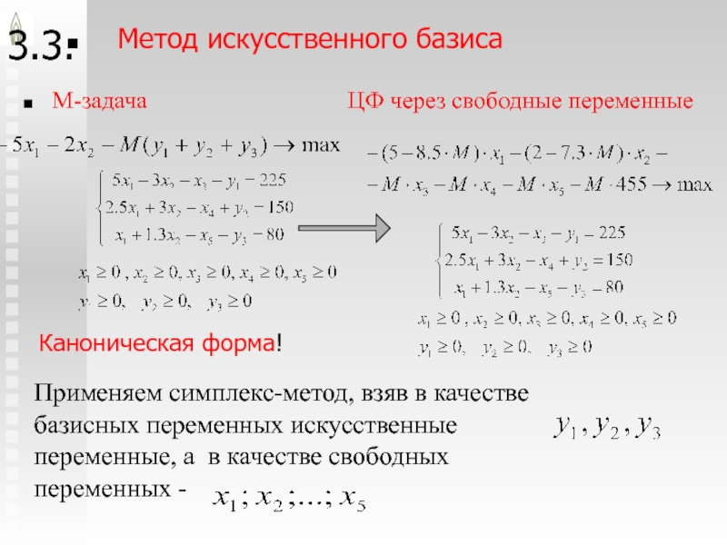 Метод через. Симплекс метод свободные переменные. Канонический вид симплекс метода. Симплекс метод каноническая форма. Метод искусственного базиса решения ЗЛП..