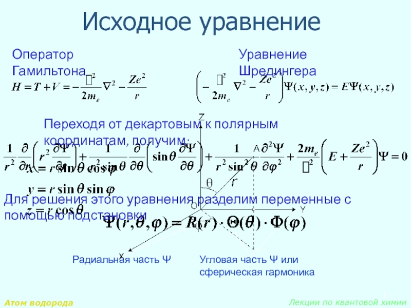 Исходное уравнение. Оператор Гамильтона в уравнении Шредингера. Уравнение Шредингера в Полярных координатах. Уравнение Шредингера в декартовой системе координат.