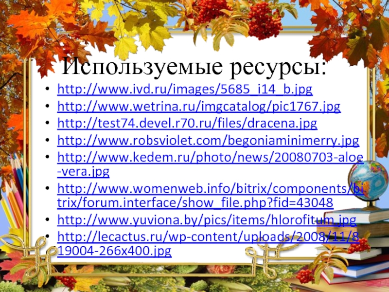 Используемые ресурсы:http://www.ivd.ru/images/5685_i14_b.jpghttp://www.wetrina.ru/imgcatalog/pic1767.jpghttp://test74.devel.r70.ru/files/dracena.jpghttp://www.robsviolet.com/begoniaminimerry.jpghttp://www.kedem.ru/photo/news/20080703-aloe-vera.jpghttp://www.womenweb.info/bitrix/components/bitrix/forum.interface/show_file.php?fid=43048http://www.yuviona.by/pics/items/hlorofitum.jpghttp://lecactus.ru/wp-content/uploads/2008/11/819004-266x400.jpg