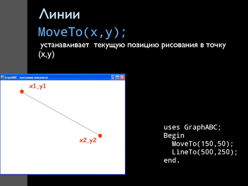 ЛинииMoveTo(x,y);  устанавливает текущую позицию рисования в точку (x,y)uses GraphABC;Begin MoveTo(150,50); LineTo(500,250);end.