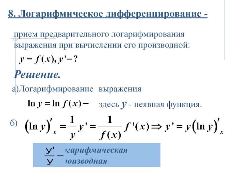 Производная логарифмической функции презентация