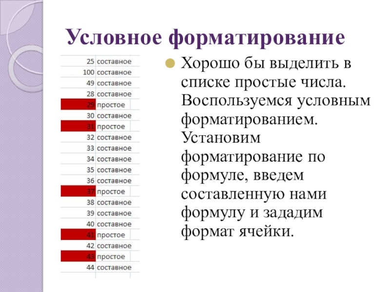 Условное форматированиеХорошо бы выделить в списке простые числа. Воспользуемся условным форматированием. Установим форматирование по формуле, введем составленную