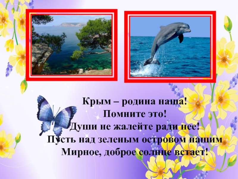 Крым – родина наша!Помните это!Души не жалейте ради нее!Пусть над зеленым островом нашимМирное, доброе солнце встает!